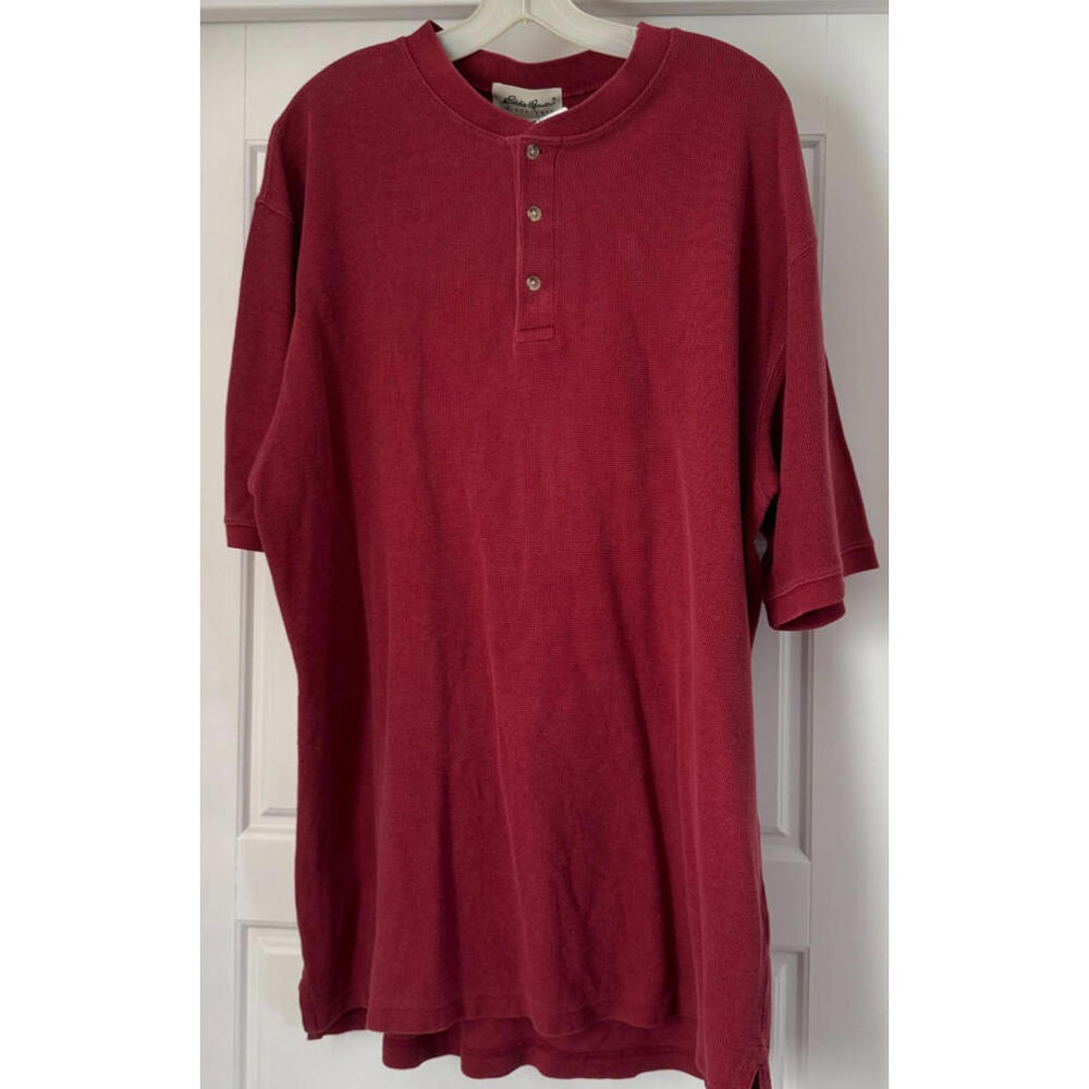 Eddie Bauer Shirt Mens Size L Red Cotton Blend Short Sleeve Half Button Down